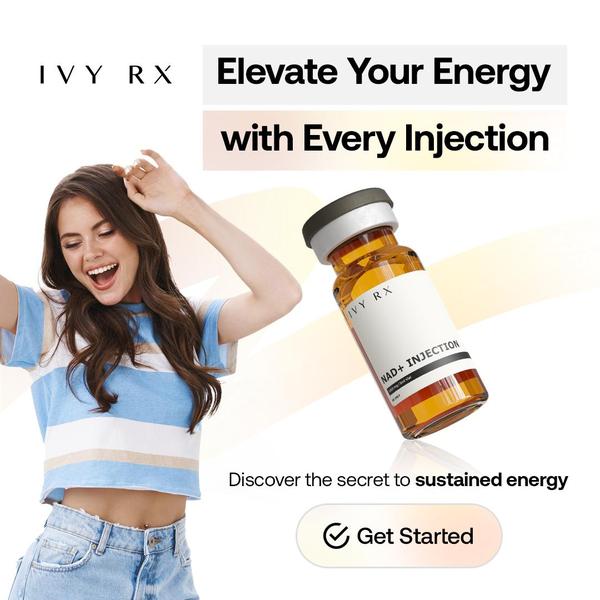 A clean, lifestyle-focused ad for NAD+ injections featuring a smiling model and clear, benefit-oriented CTA.